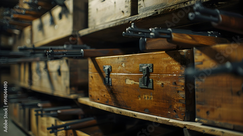 Metal and wooden boxes of guns stored in dark warehouse, packaged weapon inside military storage. Illegal smuggle arsenal of firearm. Concept of war, industry, violence, background, security