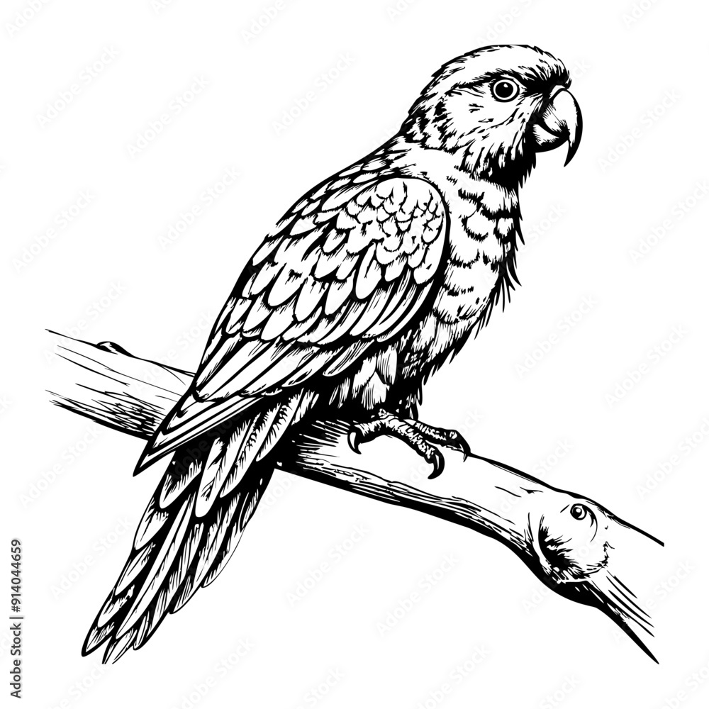 Fototapeta premium parrot perched on a branch, side view, on a white background