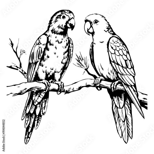 parrot perched on a branch, side view, on a white background