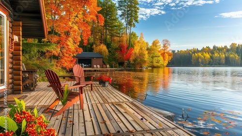 Fototapeta Naklejka Na Ścianę i Meble -  Vacation house with scenic view in Fall with colorful foliage by lake