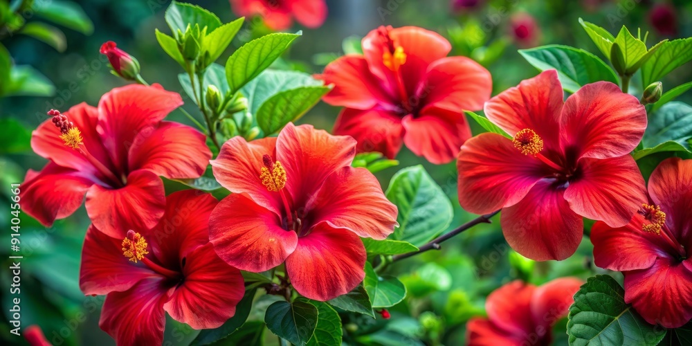 Vibrant red hibiscus flowers in varying stages of bloom, surrounded by ...