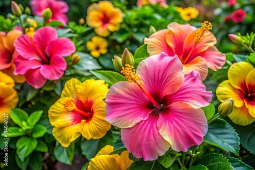 Vibrant pink and yellow hibiscus flowers bloom in a lush tropical garden, showcasing the beauty of this large and diverse genus of flowering plants. photo