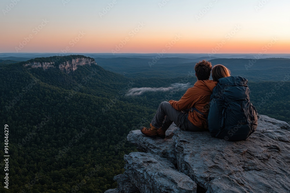 Fototapeta premium A couple sits on a cliff edge, their backpacks beside them as they watch the sunrise over a vast forest landscape, capturing a tranquil, adventurous moment in nature.