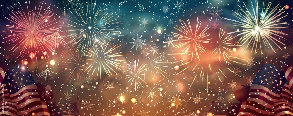 Fototapeta premium Festive American Flag with Fireworks and Stars.