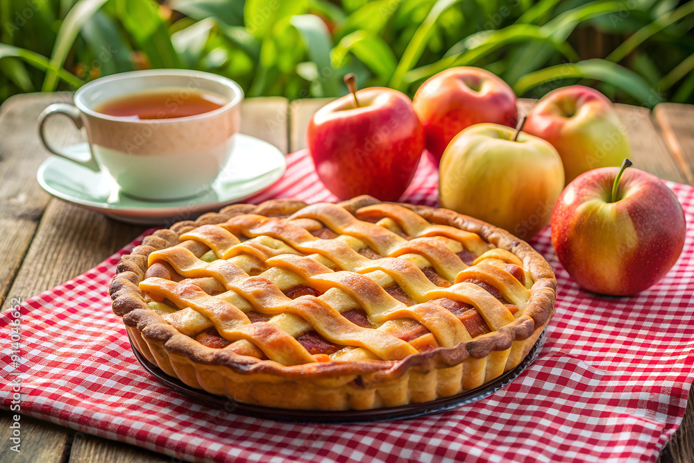 Appetizing and fragrant apple pie on a checkered tablecloth, next to fresh apples and a cup of tea, autumn, breakfast, dessert, seasonal dishes Appetizing and fragrant apple pie on a checkered tablecloth, next to fresh apples and a cup of tea, autumn, breakfast, dessert, seasonal dishes