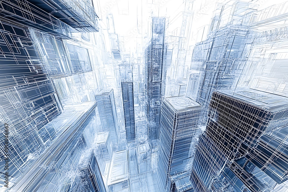Digital Futuristic Cityscape with Intricate Wireframe Buildings - Detailed Architecture Illustration Digital Futuristic Cityscape with Intricate Wireframe Buildings - Detailed Architecture Illustration