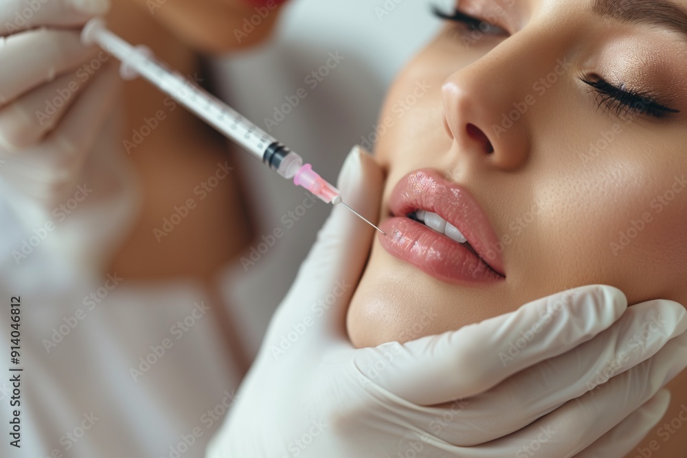 Cosmetologist making njection to woman mouth Cosmetologist making njection to woman mouth