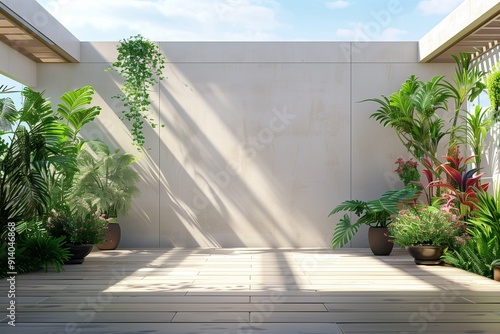 Empty outdoor roof terrace with potted plants in minimal style photo