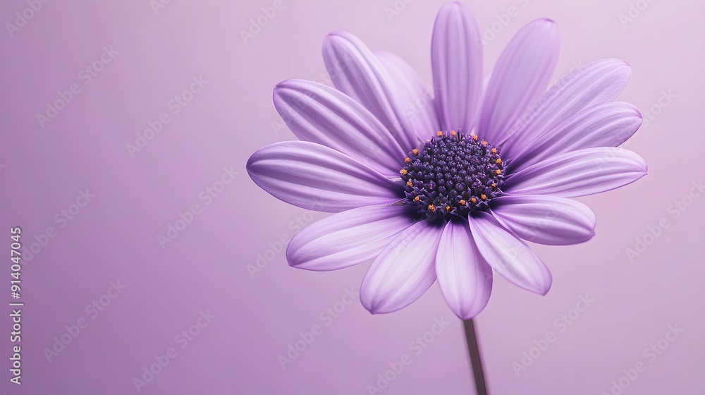 Obraz premium Single purple daisy flower, soft lavender petals, dark purple center, pale purple background, minimalist composition, clean aesthetic, gentle gradient lighting, pastel tones.