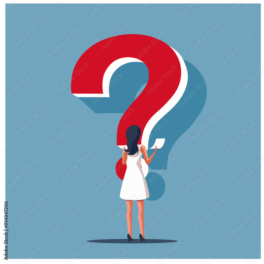 Big red question mark in front of a girl or woman. problem solving, finding an answer to a question, great punctuation among people around, research and search. Characters vector illustration Big red question mark in front of a girl or woman. problem solving, finding an answer to a question, great punctuation among people around, research and search. Characters vector illustration