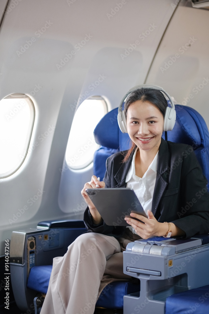 A woman is sitting on an airplane with a tablet in her lap A woman is sitting on an airplane with a tablet in her lap