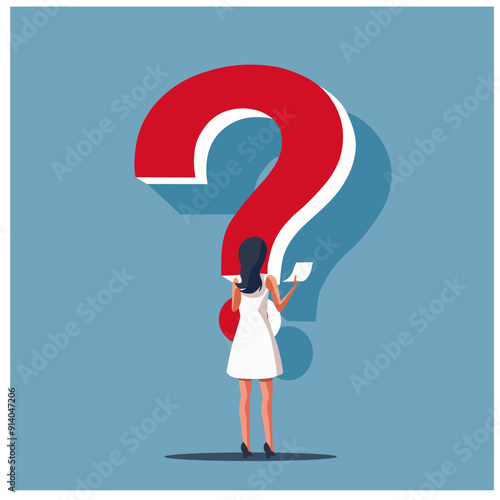 Big red question mark in front of a girl or woman. problem solving, finding an answer to a question, great punctuation among people around, research and search. Characters vector illustration