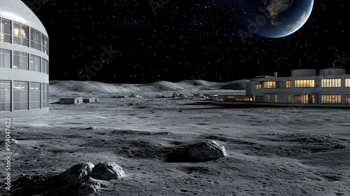 Astronauts explore the lunar landscape with a habitat module and rover under a bright moon in the dark expanse of space photo