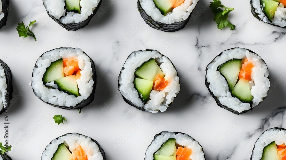 Sushi rolls, vegetarian maki, cucumber avocado rolls, white marble countertop, overhead view, fresh Japanese cuisine, vibrant colors, nori seaweed wrap, rice texture, sliced vegetables. Sushi rolls, vegetarian maki, cucumber avocado rolls, white marble countertop, overhead view, fresh Japanese cuisine, vibrant colors, nori seaweed wrap, rice texture, sliced vegetables.
