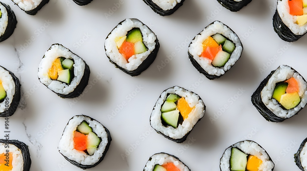 Sushi rolls, vegetarian maki, cucumber avocado rolls, white marble countertop, overhead view, fresh Japanese cuisine, vibrant colors, nori seaweed wrap, rice texture, sliced vegetables. Sushi rolls, vegetarian maki, cucumber avocado rolls, white marble countertop, overhead view, fresh Japanese cuisine, vibrant colors, nori seaweed wrap, rice texture, sliced vegetables.
