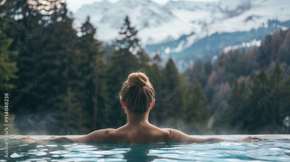 Back view of a female in spa pool with beautiful scenic view Back view of a female in spa pool with beautiful scenic view