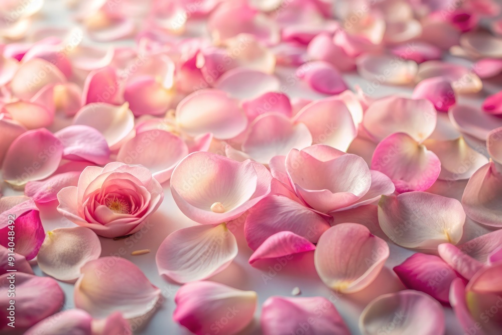 Obraz premium Delicate pink rose flower petals scattered and overlapped on a transparent background, creating a romantic and feminine composition with soft focus and natural lighting.