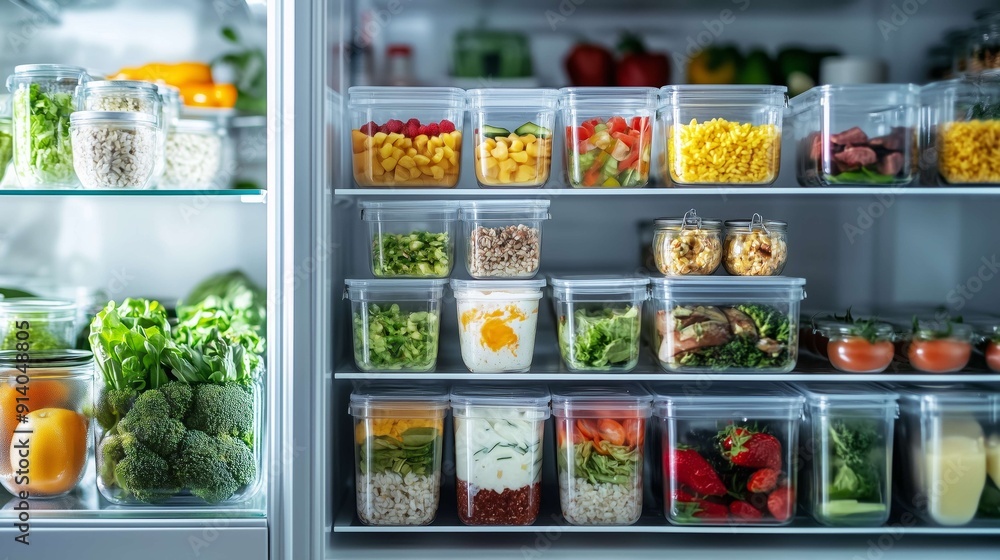 Open refrigerator is filled with containers of fresh, healthy food, promoting a clean and organized approach to meal preparation Open refrigerator is filled with containers of fresh, healthy food, promoting a clean and organized approach to meal preparation