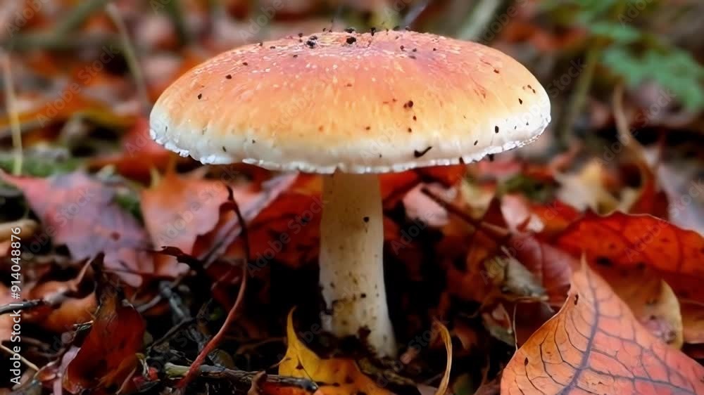 A vibrant mushroom stands amidst colorful autumn leaves in a forest setting A vibrant mushroom stands amidst colorful autumn leaves in a forest setting