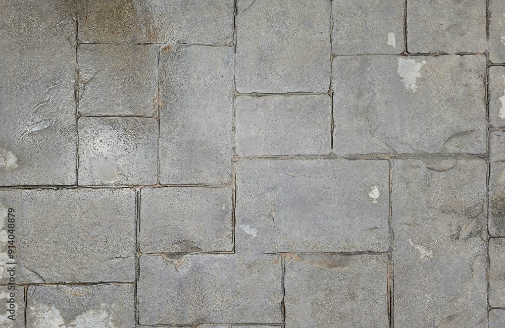 Naklejka premium A wet stone pavement with visible water patches, the texture and patterns of the tiles after rainfall