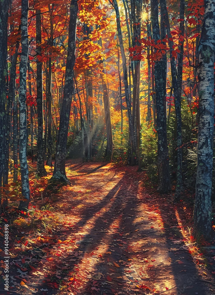 Fototapeta premium Sunbeams illuminating a path through colorful autumn leaves.