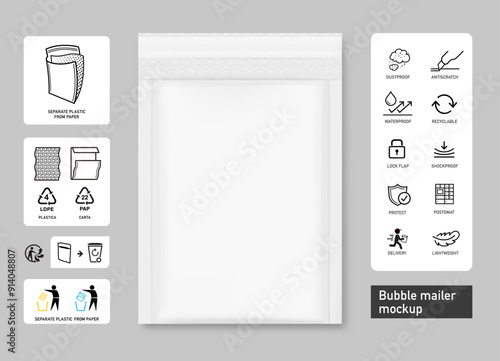 Bubble mailer padded envelope shipping bag mockup with instruction icon set for recycling. Vector illustration isolated on grey background. Ready for use in your design. EPS10.