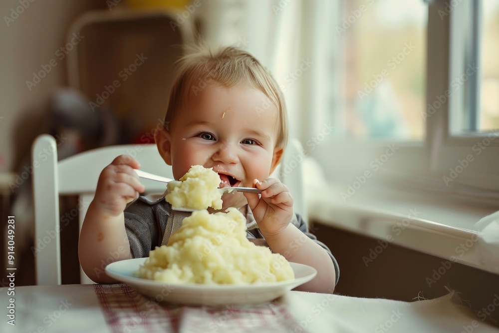 Cute baby eating mashed potatoes. Cute baby eating mashed potatoes.