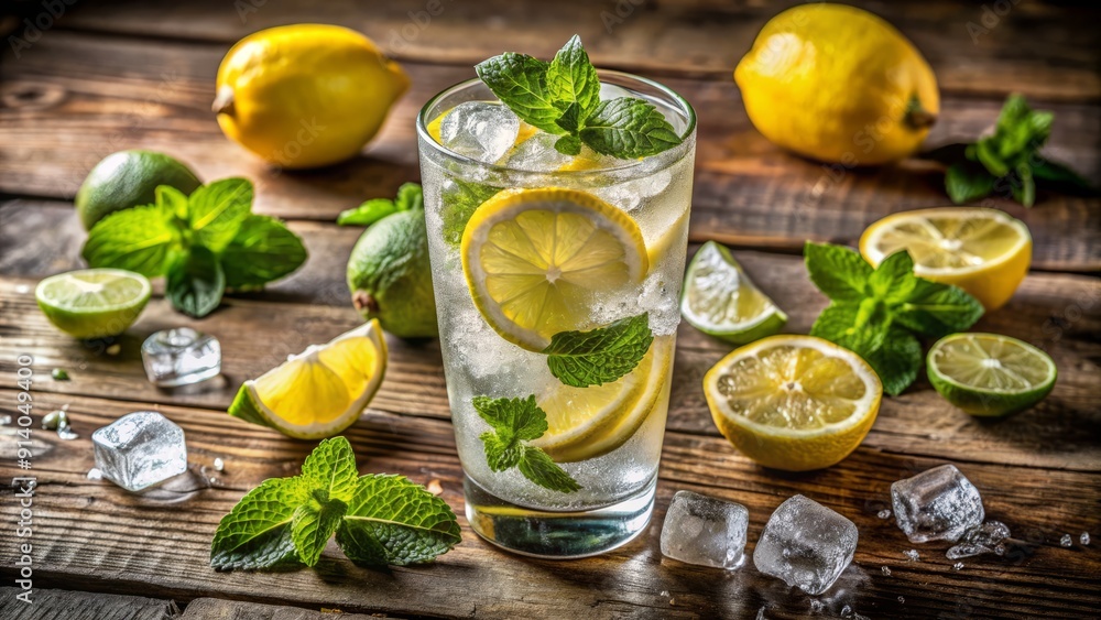 Vibrant slices of citrusy lemons and limes surround a refreshing glass of fizzy soda, garnished with sprigs of mint and ice, on a rustic wooden table. Vibrant slices of citrusy lemons and limes surround a refreshing glass of fizzy soda, garnished with sprigs of mint and ice, on a rustic wooden table.