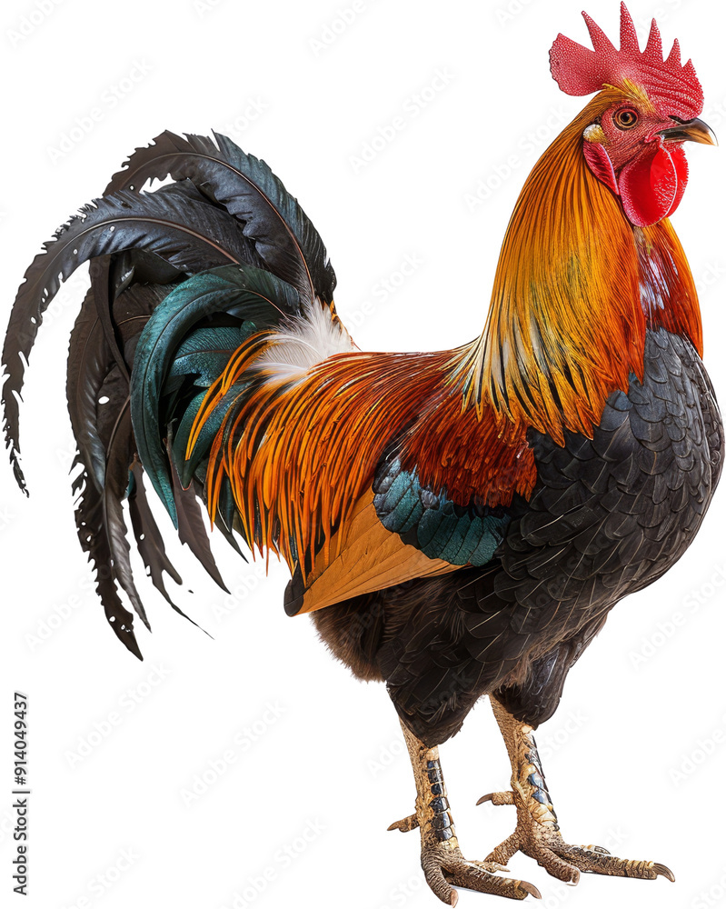 Fototapeta premium Vibrant, colorful rooster standing proud with detailed feathers, red comb, farm animal, symbol of dawn, poultry beauty.
