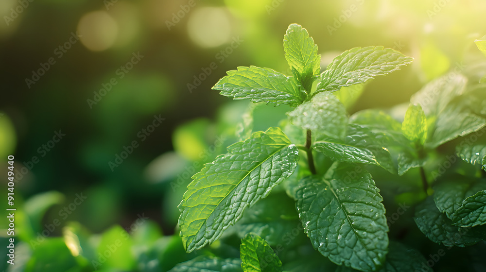 Fresh mint leaves basking in the sunlight in a garden during the afternoon Fresh mint leaves basking in the sunlight in a garden during the afternoon