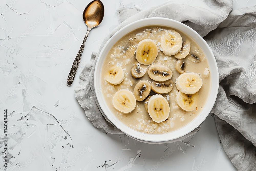 Top view of a bowl of oatmeal with banana slices and a spoon. Top view of a bowl of oatmeal with banana slices and a spoon.