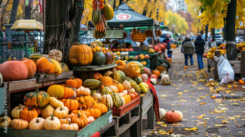 A counter with pumpkins at the market. Preparing the colorful pumpkin season. Halloween. 