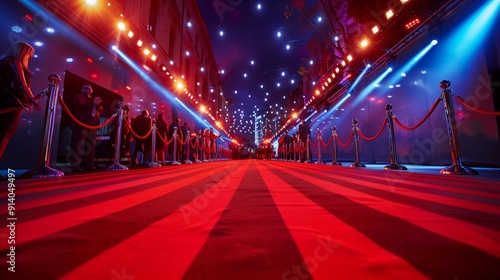 Long red carpet is glowing under the stage lights with photographers and security guards waiting for the arrival of celebrities