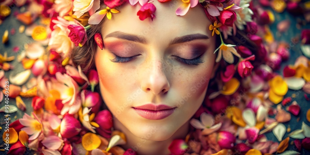 Vibrant flower petals scattered across a serene face, soft focus, warm tones, and nostalgic grain, evoking a whimsical sense of natural beauty and gentle innocence. Vibrant flower petals scattered across a serene face, soft focus, warm tones, and nostalgic grain, evoking a whimsical sense of natural beauty and gentle innocence.