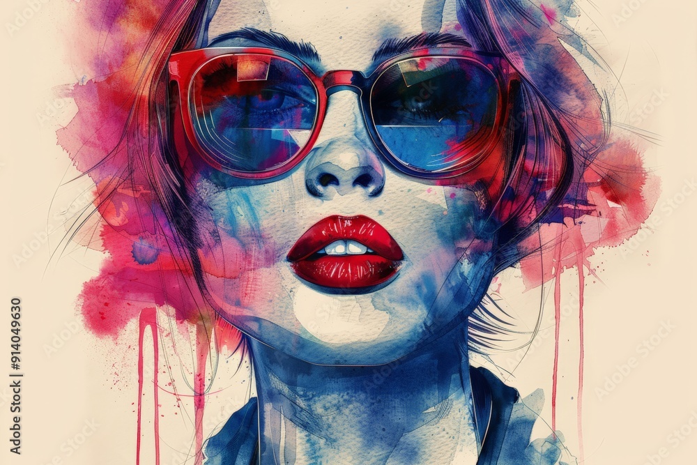 Obraz premium Vibrant watercolor painting of a fashionable woman wearing sunglasses and a hat, showcasing bold and artistic expression.