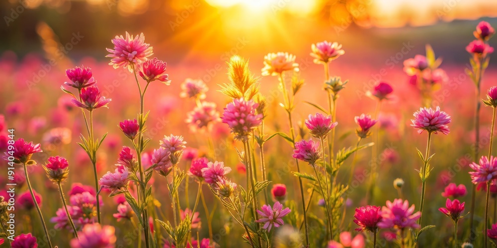 Obraz premium Vibrant pink wildflowers sway gently in a serene meadow, bathed in warm, golden light, with soft focus and pastel hues evoking a sense of peacefulness.