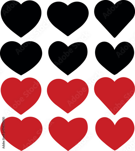 Set corazones negros y rojos. Pack de corazones vectoriales en dos colores. Recursos gráficos para proyectos web y cartelería. Concepto amor y bodas.