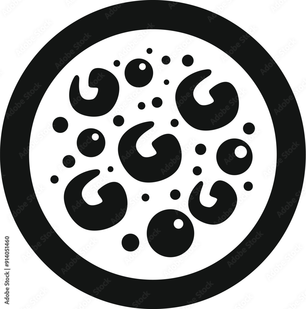 Black and white icon of a round hot pizza with mushrooms from above Black and white icon of a round hot pizza with mushrooms from above