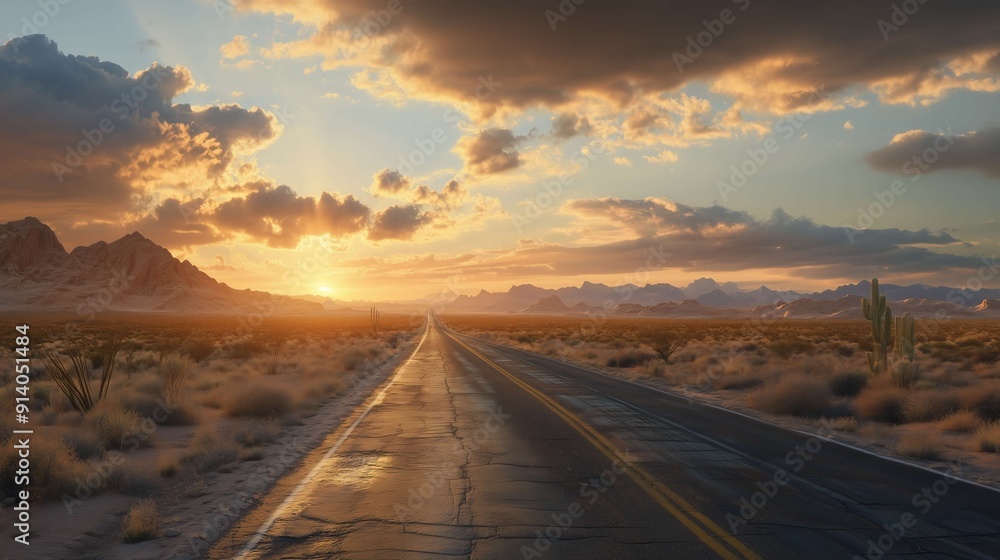 Empty highway in the arizona desert leads to a stunning sunset over mountains. The sky is filled with dramatic clouds as the sun sets, creating a picturesque scene of nature's beauty Empty highway in the arizona desert leads to a stunning sunset over mountains. The sky is filled with dramatic clouds as the sun sets, creating a picturesque scene of nature's beauty