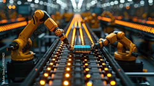 A robotic arm is working on a conveyor belt. Automatic warehouse with robotic manipulators photo