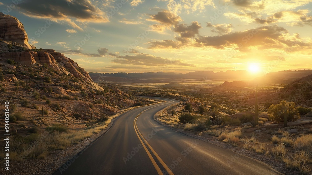Fototapeta premium Winding highway through a desert at sunset, inviting you to explore the american southwest. Mountains, cacti, and a sky filled with sunlight and shadows
