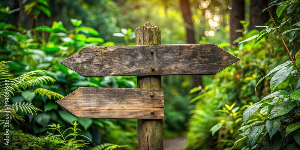 Weathered wooden signpost stands amidst lush foliage, its two worn arrows pointing in opposite directions, symbolizing life's fundamental choices and decisions in the great outdoors. Weathered wooden signpost stands amidst lush foliage, its two worn arrows pointing in opposite directions, symbolizing life's fundamental choices and decisions in the great outdoors.