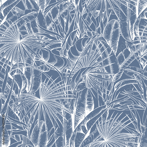 Seamless pattern with tropical plants. Exotic botanical blue color background. Hand drawn vector illustration.