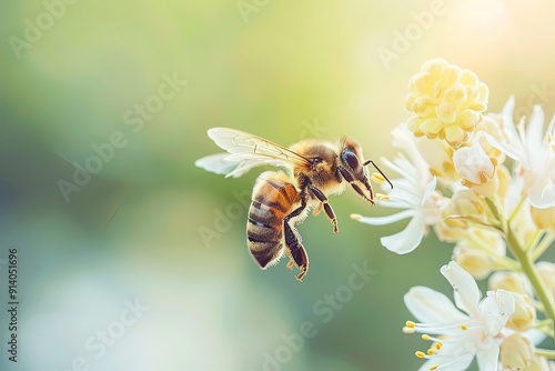 A close-up of a honeybee pollinating a delicate white flower.