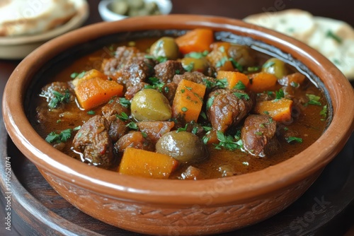 A dynamic shot of a Moroccan tagine with spicy harissa-infused lamb, vegetables, and couscous, cooked in a traditional clay pot. 