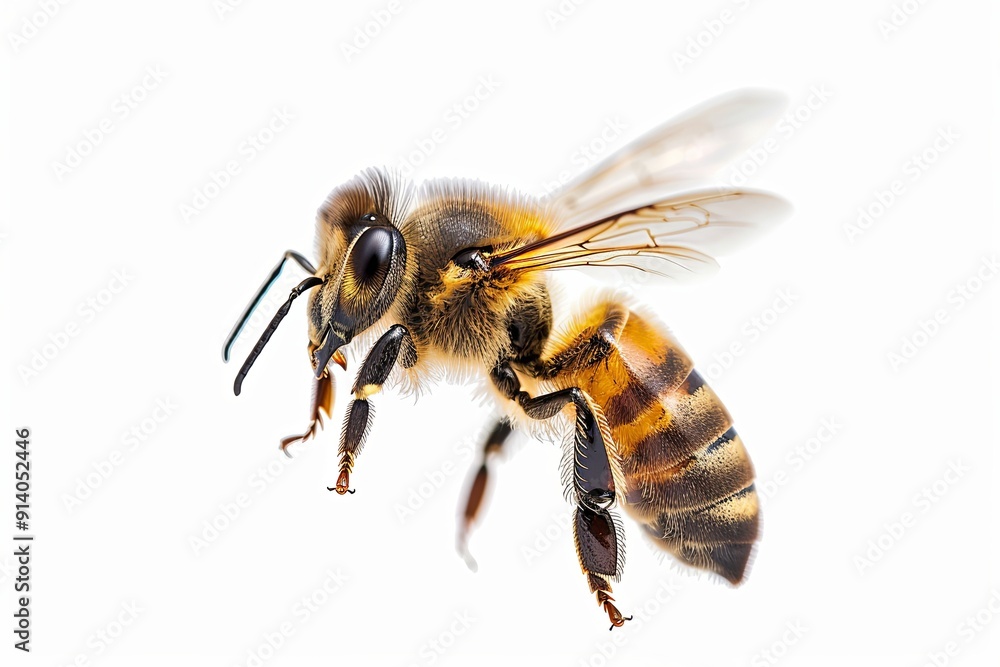 Close-up of a honeybee in flight, isolated on white. Close-up of a honeybee in flight, isolated on white.