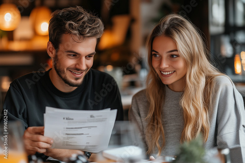 A young man and woman looking at documents together in an office. The man with glasses is wearing a blue shirt, and the woman is dressed in a brown blouse holding a paper sheet while smiling and sitti photo