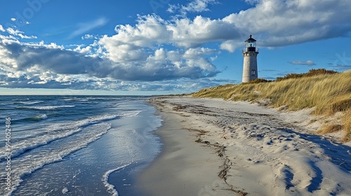 Beach coastline with the famous Skagen Grey Lighthouse, Skagen GrÃ¥ Fyr, Skagen, Grenen in North Jutland in Denmark, Skagerrak, North Sea, Baltic Sea. Upper tower platform, lantern of lighthouse