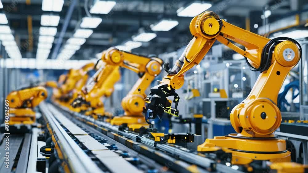 Observe advanced robotic arms working efficiently on the assembly line in a bustling manufacturing facility during the early morning hours Observe advanced robotic arms working efficiently on the assembly line in a bustling manufacturing facility during the early morning hours