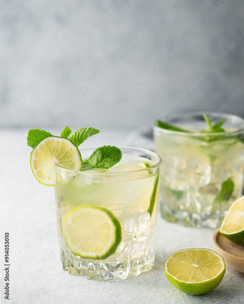 Two glasses mojito cocktail with lime, mint and ice on a light blue background close up. Two glasses mojito cocktail with lime, mint and ice on a light blue background close up.